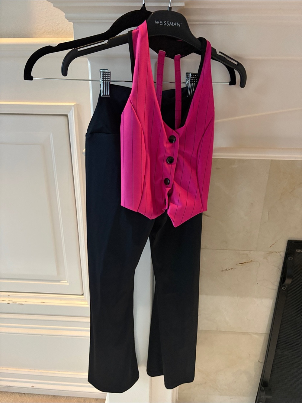 Weissman Hot Pink Pinstripe Vest with Black shiny pants IC